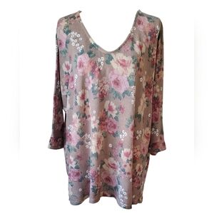 Lovely J Tan Floral Waffle Knit V-Neck 3/4 Sleeve Boho Top Relaxed Fit Size L